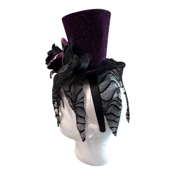 Vtg Goth Halloween Black Rose Purple Glitter Mini Top Hat Fascinator Headband - Picture 7 of 7